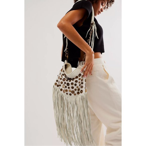 COPY - FREE PEOPLE CECILY BAG in white with leather fringes and antique coins - Picture 1 of 9